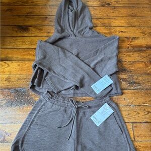 Athleta Tranquil Waffle Hoodie & Short Set (Size M, Brown)